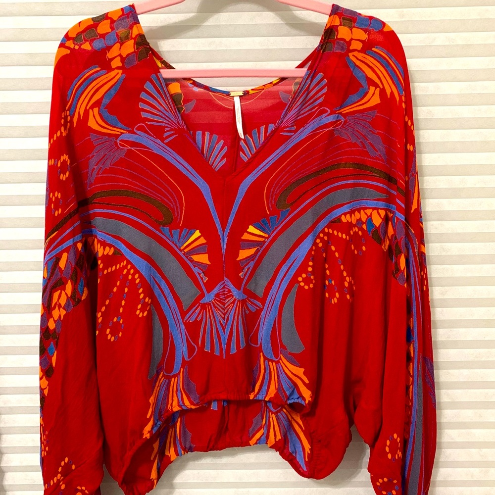 Free People, red abstract and sheer flowing top